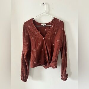 Madewell Brick Red Floral Tie-Front Blouse